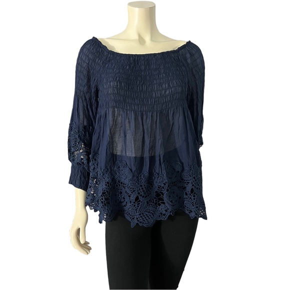 Casting |  Women’s Crochet Trim Smocked Off-The-Shoulder Top Color: Navy - Picture 12 of 17